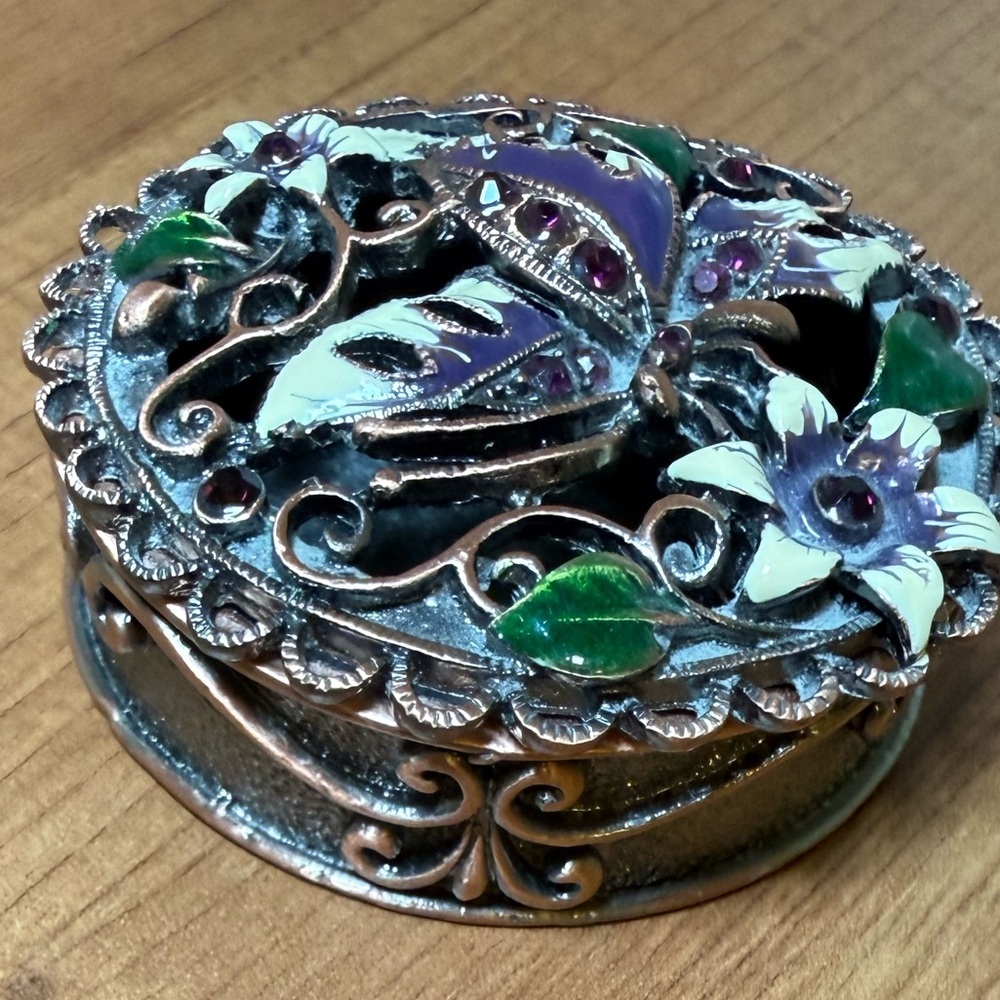 Round Pewter Magnetic Pill Or Trinket Box Butterfly/Flower Enamel/ Stones NWOT